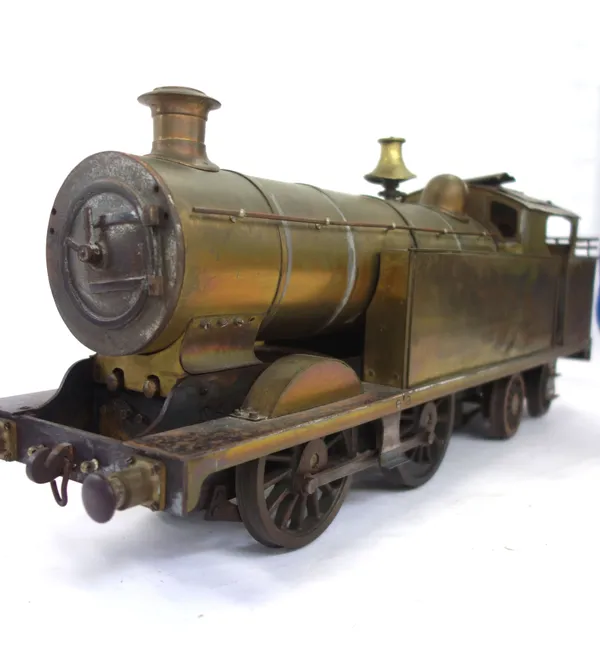 A 3 ¼ inch model steam tank locomotive, 4-4-0, brass body with internal boiler and engine, 62cm.