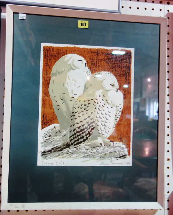 John Tennent (b.1926), Snowy Owls, colour linocut, signed and inscribed in pencil, 33cm x 27cm.  F1