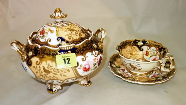 A Victorian part tea service with gilt floral shell decoration, including eleven tea cups, twelve coffee cups, ten saucers, three large plates, a soup