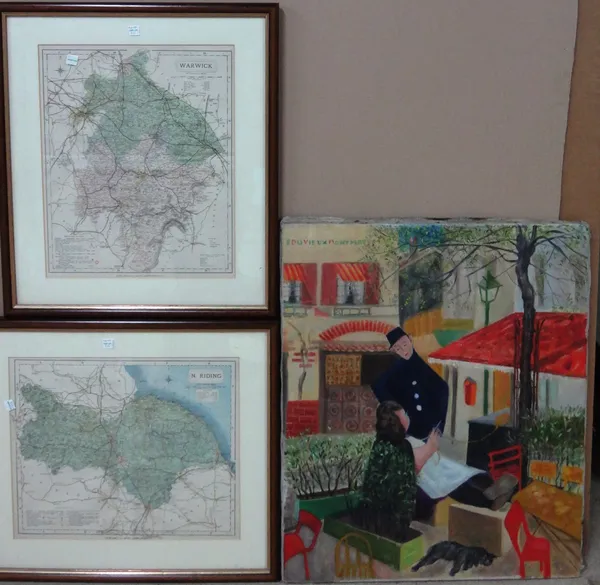 French School (20th century), Knitting and a gossip with the gendarme, oil on canvas, unframed, 65cm x 54cm.; together with two county maps of Warwick