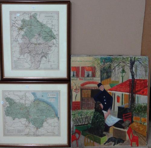 French School (20th century), Knitting and a gossip with the gendarme, oil on canvas, unframed, 65cm x 54cm.; together with two county maps of Warwick