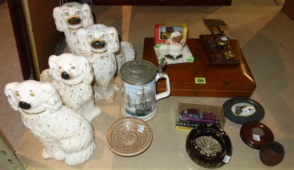Ceramics and collectables, including two pairs of Staffordshire spaniels, a tankard, a Beswick Beatrice Potter Mrs Tiggywinkle, a cased silver plated