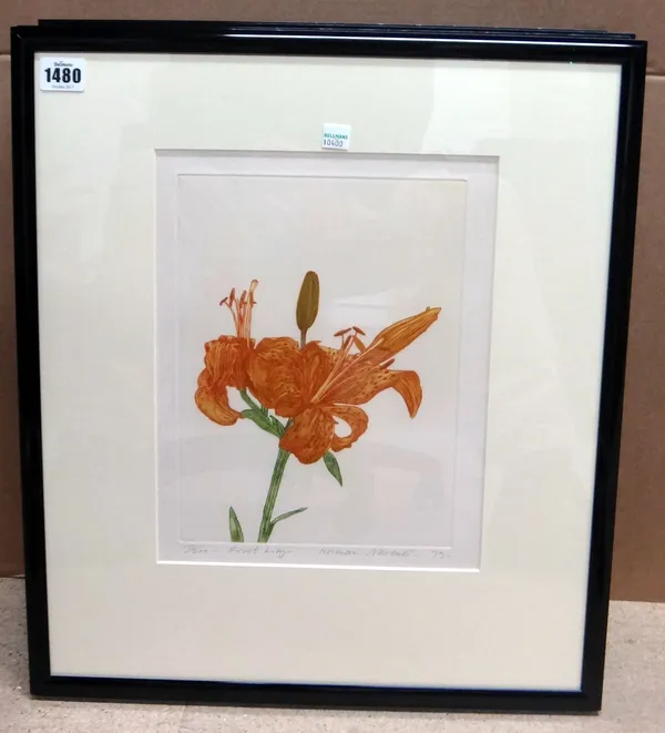 Norman Stevens (British, 1937-1988), First Lily, etching and aquatint, signed, inscribed and dated '79, numbered 177/200, 26.5 by 20cms; and three oth