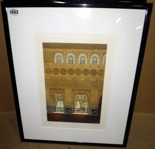 G *** (illegible) Spanish/Moroccan view, colour aquatint, signed indistinctly, dated '77, numbered 146/150, ; and another by the same artist showing a