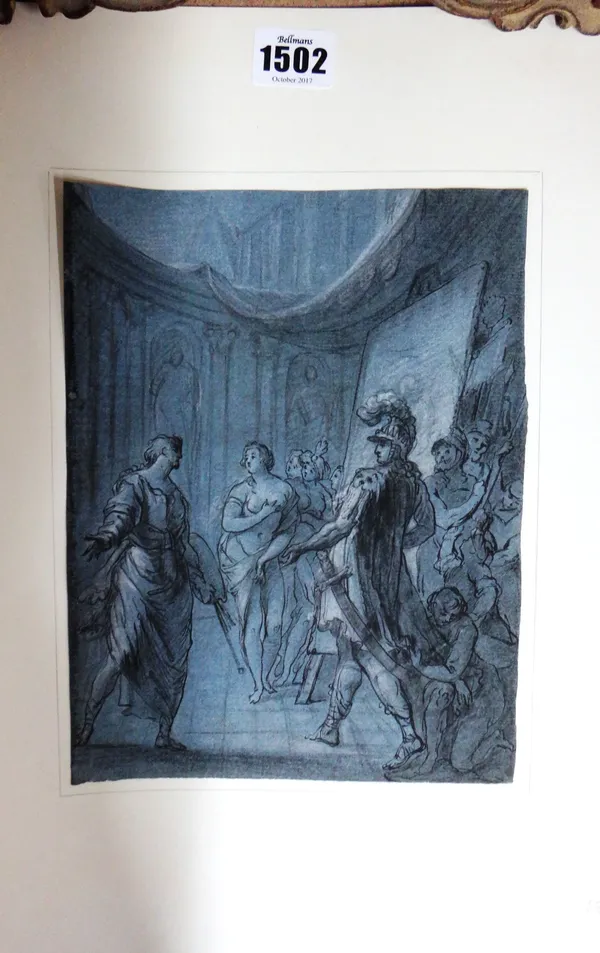 German School (18th century), Alexander and Apelles, pen, ink and white chalk on grey paper, unframed, 23cm x 17.5cm.