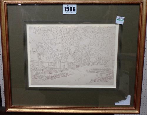 Thomas Rowlandson (1756-1827), Figures boating before a country house; Vessels off the coast; A coastal town; Village scene, a group of four, pen, ink