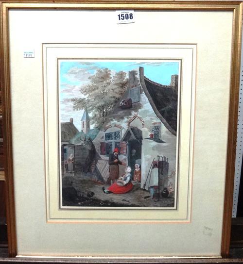 Dutch School (18th/19th century), A family outside a cottage, gouache, 27cm x 21cm.