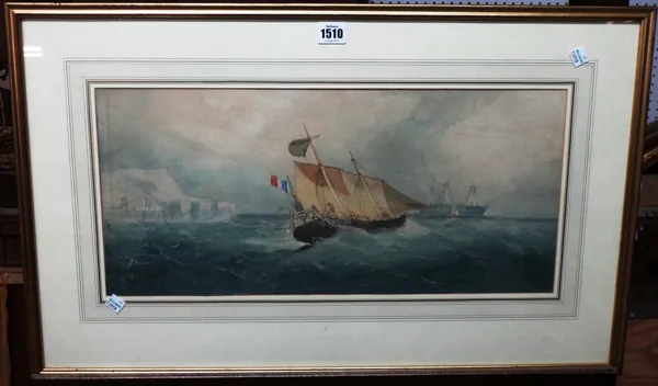 Richmond Markes (19th century), Dutch vessels off the coast, watercolour and scratching out, signed with initials, 23cm x 53.5cm.