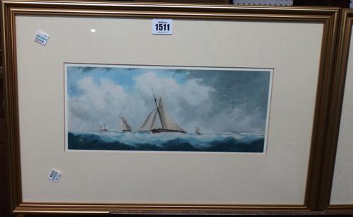 Richmond Markes (19th century), Vessels off the coast, a pair, watercolour with scratching out, both signed with initials, each 13cm x 32cm.