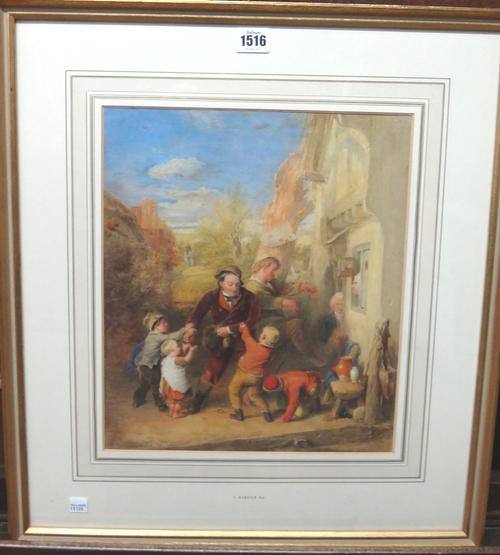 Thomas Webster (1800-1866), A family outside a tavern, watercolour, 35cm x 29.5cm.