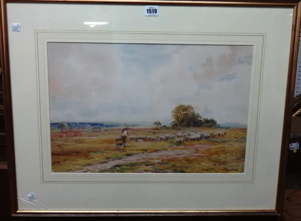 Claude Hayes (1852-1922), Sheep and shepherd in a landscape, watercolour, signed, 31.5cm x 48cm.