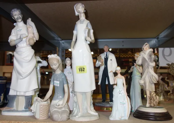Ceramic figures, comprising; three Lladro figures, a doctor, a nurse and a girl with a dove, a Royal Worcester figure, 'Annie', a Coalport figure cele