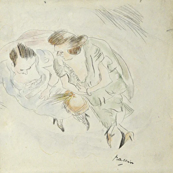 Jules Pascin (1885-1930), Two seated women, pencil and wash, signed (stamped), 18cm x 18.5cm.  Illustrated