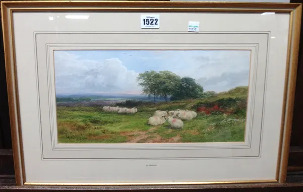 George Shalders (1826-1873), Sheep in a landscape, watercolour, signed and dated 1872, 17cm x 34cm.