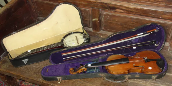 Musical instruments, comprising; a banjo mandolin GH&S cased and a 19th century violin with two bows.  S3B
