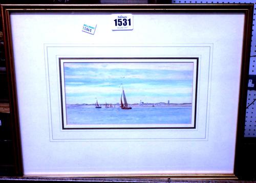 William Lionel Wyllie (1851-1931), Fishing vessels off the South Coast, watercolour, signed, 9.5cm x 19cm.