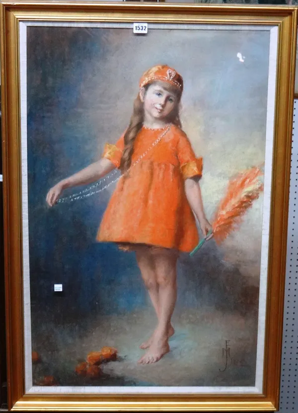 E** J** M** (early 20th century), Young girl in an orange dress, pastel, signed with monogram and dated 1920, 86cm x 54cm.