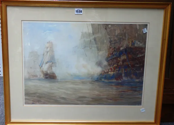 Gregory Robinson (1876-1976), A Naval Engagement, watercolour, signed and dated '03, 36cm x 52.5cm. DDS