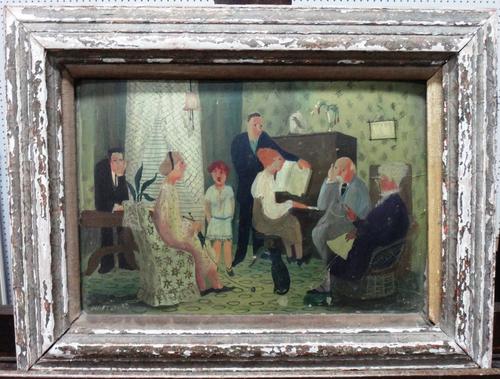 Mary Hoad (1908-1968), Family group around a piano in a parlour, oil on board, signed, 22cm x 32cm. DDS