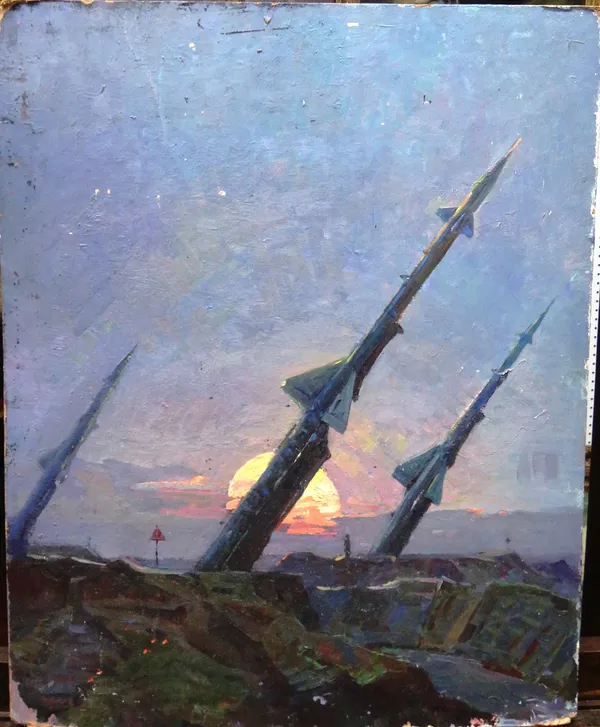 Russian School (20th century), Rockets against a sunset, oil on board, with a hillside scene verso, unframed, 60cm x 48cm.