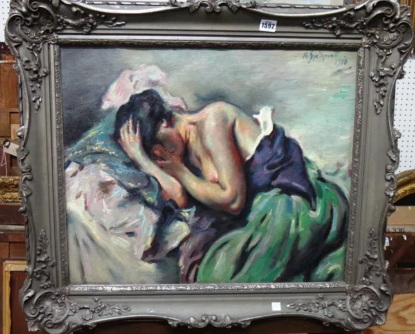 A** Spelhman, (20th century), Crouching female figure, oil on canvas, signed and dated 1918, 45cm x 69cm.