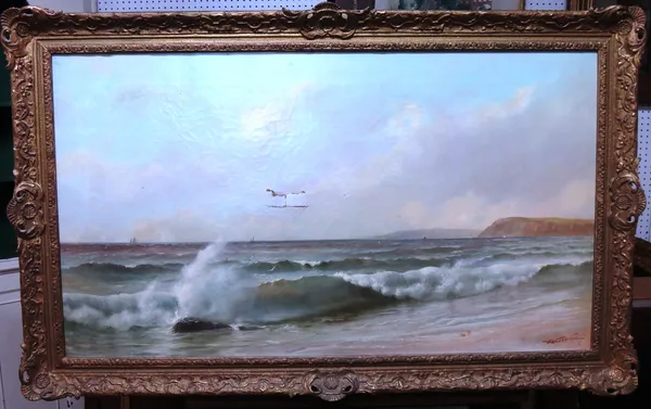 H. H. Stanton (fl.1880-1905), Breakers on the shore, oil on canvas, signed, 59cm x 104cm.