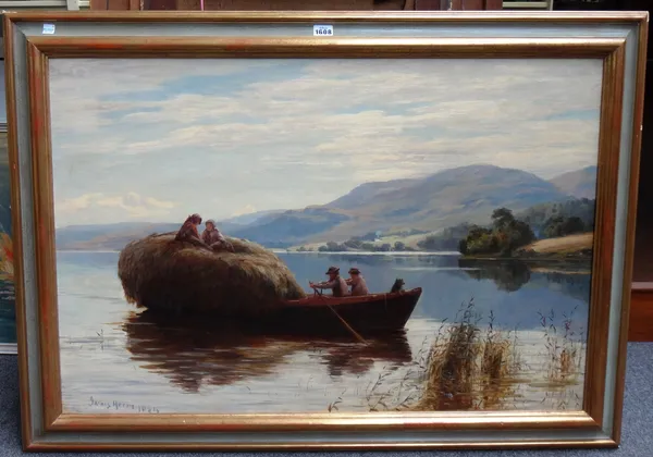 James Heron (fl.1873-1919), A hay barge crossing a loch, oil on canvas, signed and dated 1884, 60cm x 90cm.