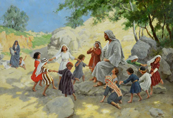 Percy Tarrant (fl.1879-1930), Christ and the children, oil on canvas, signed, 40cm x 57cm.  Illustrated