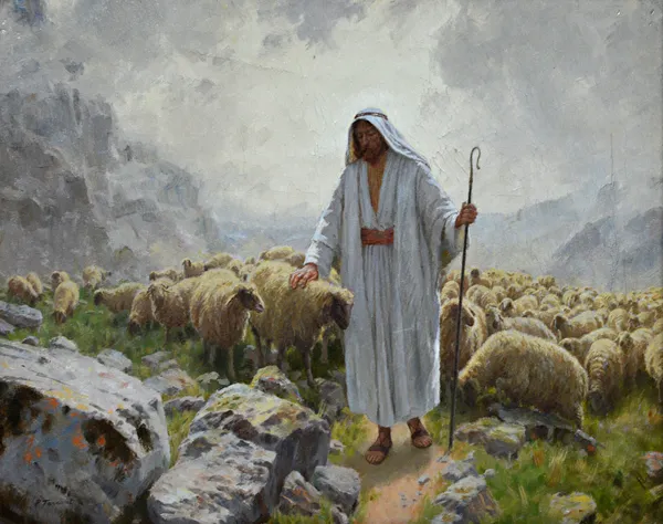Percy Tarrant (fl.1879-1930), Christ the shepherd, oil on canvas, signed, 40cm x 50cm.  Illustrated
