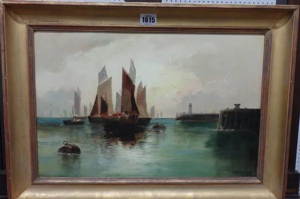 English School (late 19th century), Boats approaching harbour, oil on canvas, indistinctly signed, 29cm x 44.5cm.