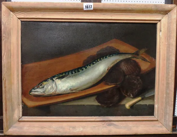 Follower of A Roland Knight (1879-1921), Still life of mackerel, oil on canvas, 33cm x 46cm.