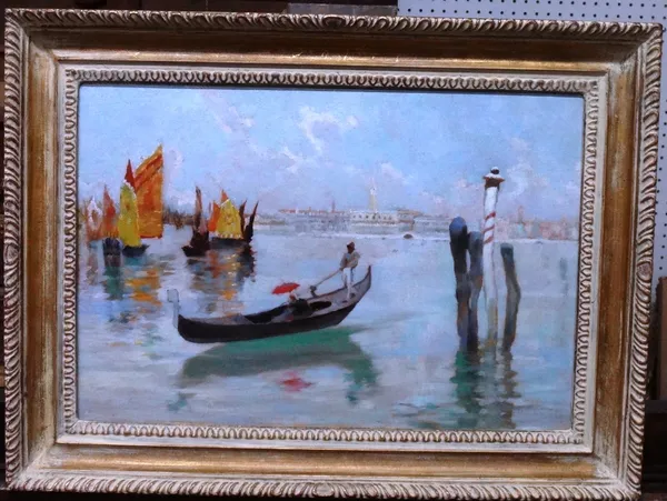 David Woodlock (1849-1929), A spring morning on the lagoon, Venice, oil on board, signed, inscribed on label on reverse, 21.5cm x 32cm.
