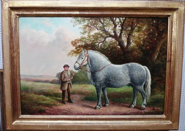 English School (late 19th century), A farmer and shire horse in a landscape, oil on canvas, 40cm x 60cm.