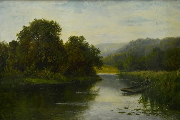 Daniel Sherrin (1868-1940), A river scene with an angler in a punt, oil on canvas, signed, 60cm x 90cm.  Illustrated