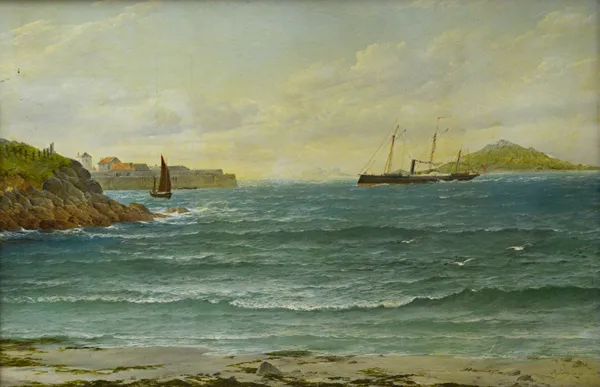 David James (1853-1904), Steamboat entering harbour, oil on canvas, signed and dated '86, 58.5cm x 89cm.  Illustrated