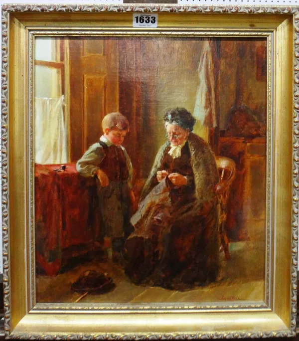 Justus Hill (d. 1898), The Sewing lesson, oil on canvas, signed, 34cm x 29cm.