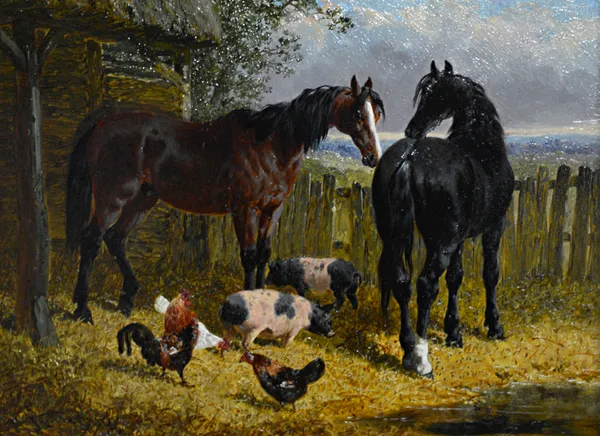 John Frederick Herring (1815-1907), Farmyard scene, oil on board, signed, 15cm x 19.5cm.  Illustrated
