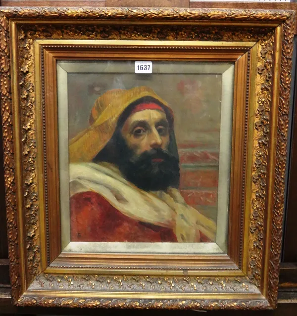 Follower of Frederick Goodall, Head study of an Arab, oil on canvas, bears a monogram 34cm x 29cm.