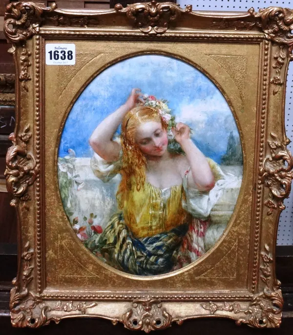 Alfred Woolmer (1805-1892), Flowers in her hair, oil on board, oval, 25cm x 20cm.
