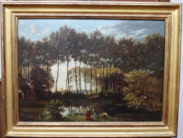 Continental School (19th century), Two women by a wooded pool, oil on canvas, 42cm x 59cm.