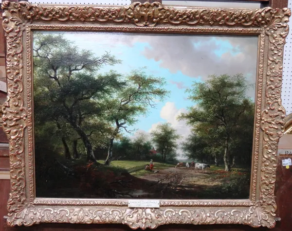 Follower of Andreas Schelfhout, Cattle and drovers in a wooded landscape, oil on panel, inscribed on labels on reverse, 40cm x 52cm.