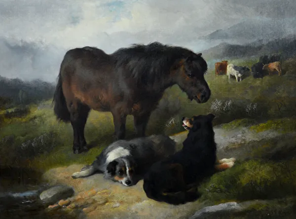 George W. Horlor (1823-1895), Highland cattle and a dog watering; Pony and dogs by a stream, a pair, oil on canvas, both signed and dated 1897, each 4