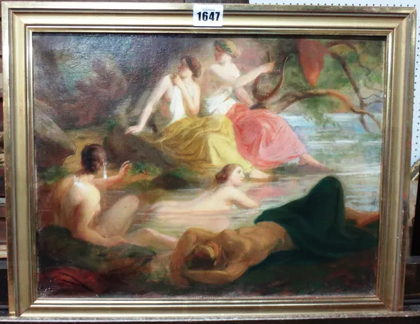 German School (19th century), Nymphs bathing with a Satyr, oil on canvas, 28cm x 38cm.