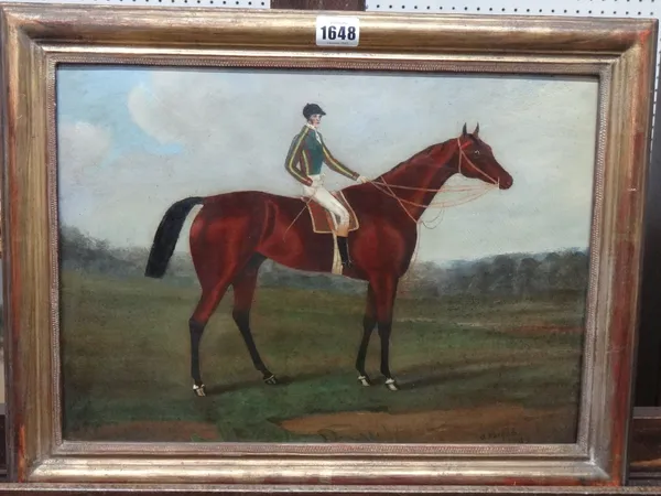 G** Barham (19th century), Racehorse with jockey up, oil on board, signed and dated 1849, 28cm x 40cm.