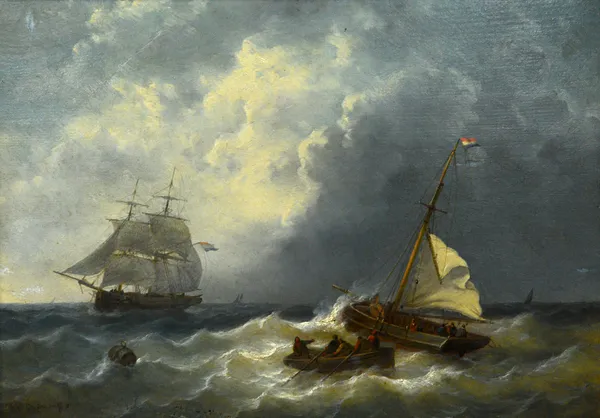 George Willem Opdenhoff (1807-1873), Vessels in a squall, oil on panel, signed, 28cm x 39cm.  Illustrated