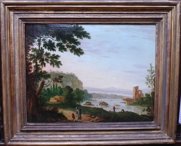 Dutch School (early 19th century), Figures by a lake in an Italianate landscape, oil on canvas, 33cm x 44cm.