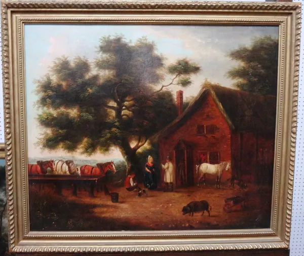 Follower of George Morland, Farmyard scene, oil on canvas, 50cm x 60cm.