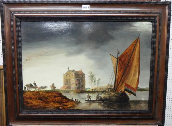 Dutch School (18th/19th century), River scene with barge and figures, a chateau beyond, oil on panel, 40cm x 58cm.