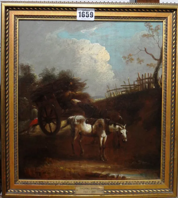 Circle of Thomas Barker of Bath, Horses and cart on a country lane, oil on panel, 29cm x 25cm.