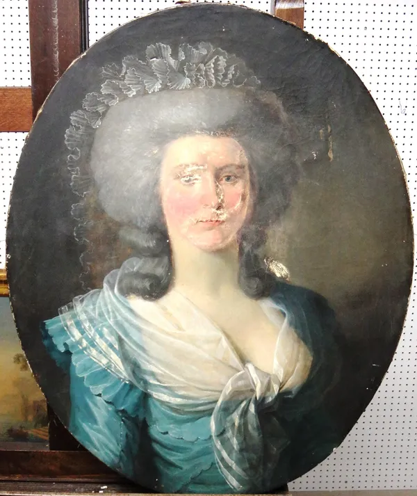 English School (late 18th century), Portrait of a lady, oil on canvas, oval, 72cm x 59cm.